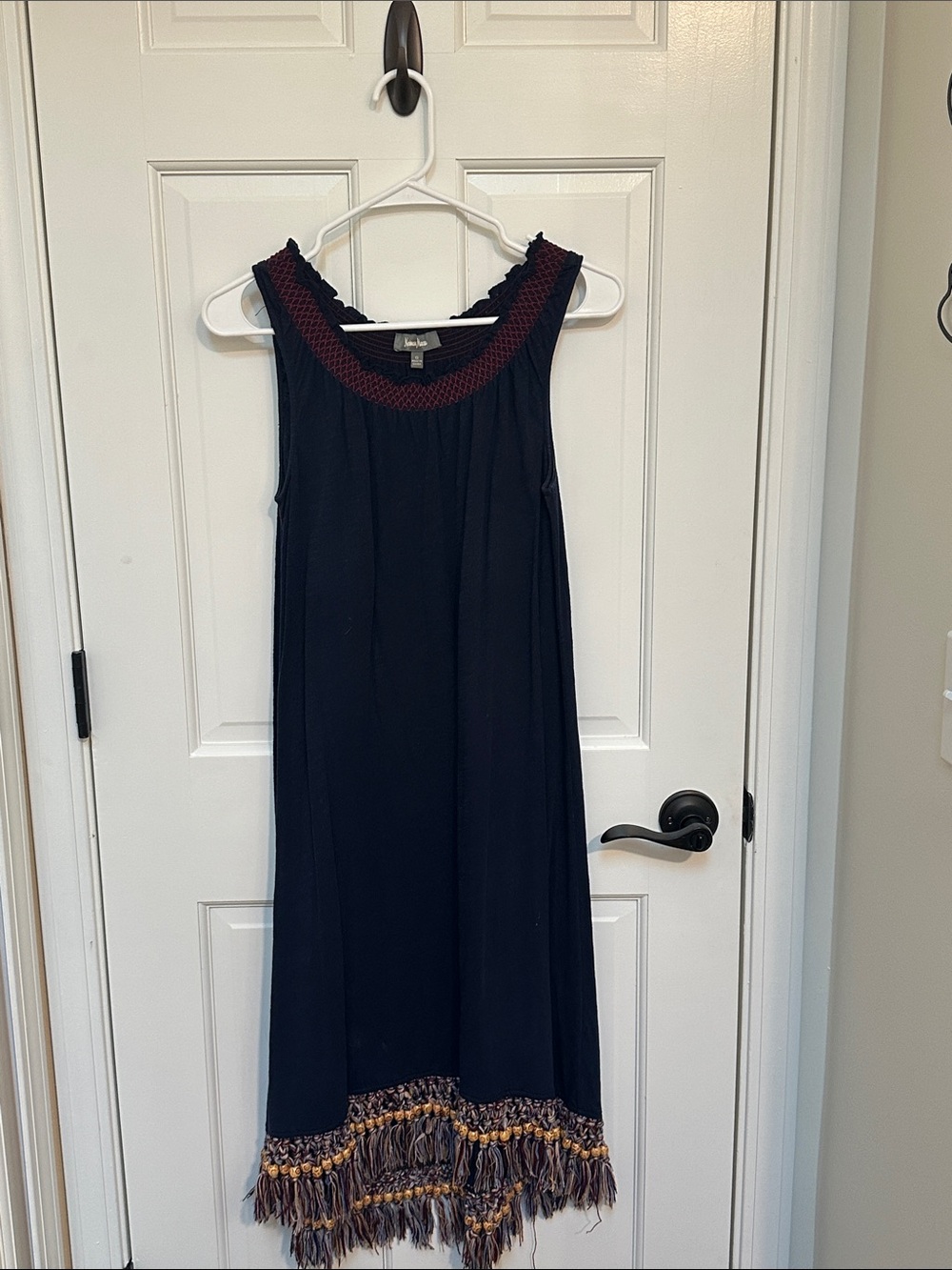 Neiman Marcus Navy Midi Dress with Burgundy Trim and Multicolor Fringe